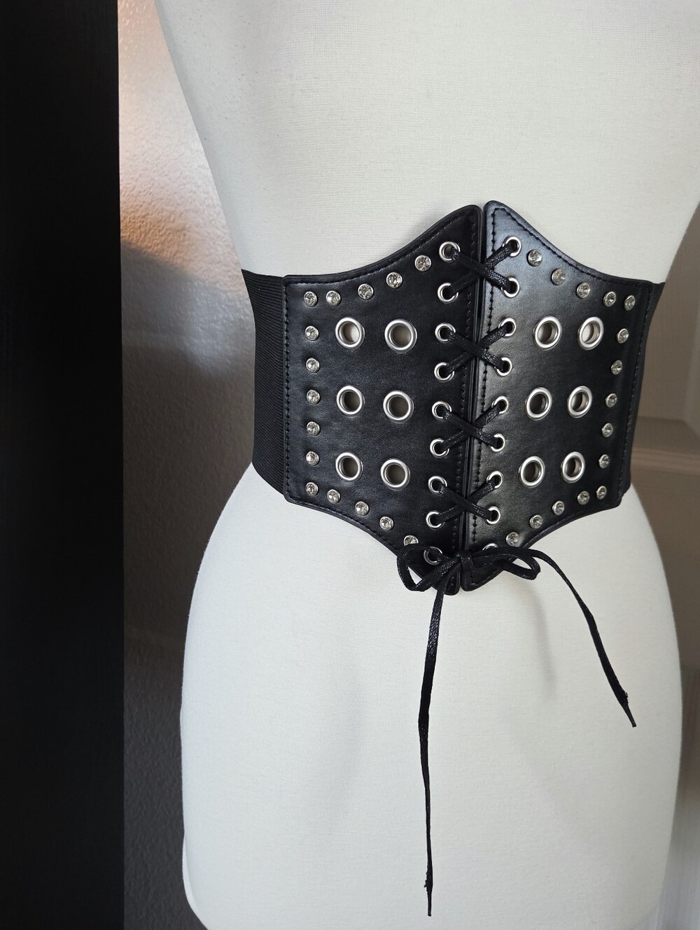Black Lace Up Corset Rhinestone Grommet Underbust Goth Alternative